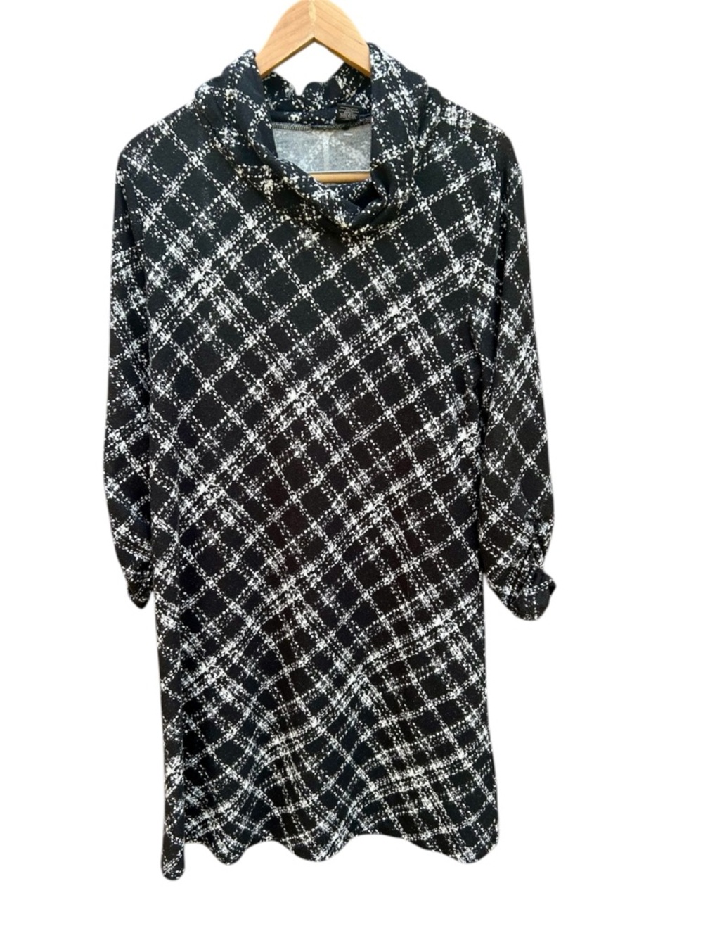 Robert Louis Tunic Cowl Neck Top Plaid Stretch Sz. Large